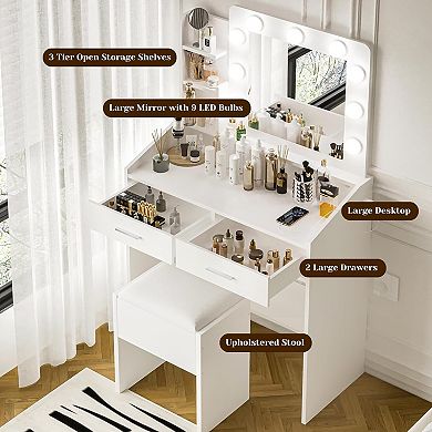 Small Vanity Desk Set: LED Mirror, 3 Light Modes, Power Outlet, 2 Drawers Stool