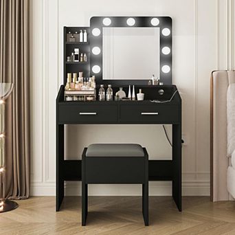 Small Vanity Desk Set: LED Mirror, 3 Light Modes, Power Outlet, 2 Drawers Stool