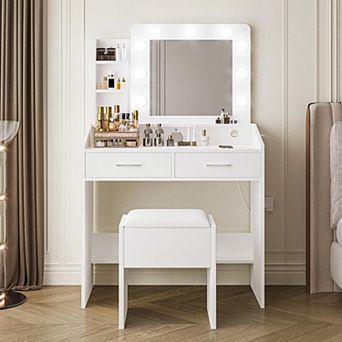 Small Vanity Desk Set: LED Mirror, 3 Light Modes, Power Outlet, 2 Drawers Stool