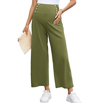 Womens High Elastic Waist Maternity Pants Wide Leg Baggy Button Front Business Casual Long Trousers