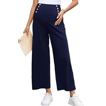 Womens High Elastic Waist Maternity Pants Wide Leg Baggy Button Front Business Casual Long Trousers