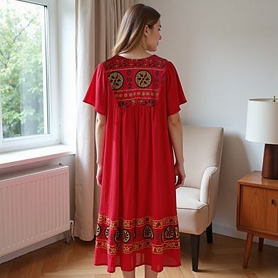 Loungees Women’s Crinkle Cotton Gauze Lounge Dress - Boho Muu Muu with Printed Border.