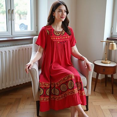 Loungees Women’s Crinkle Cotton Gauze Lounge Dress - Boho Muu Muu with Printed Border.