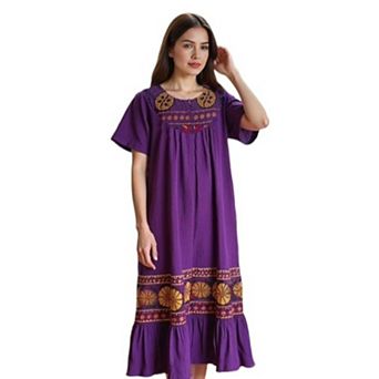 Loungees Women’s Crinkle Cotton Gauze Lounge Dress - Boho Muu Muu with Printed Border.