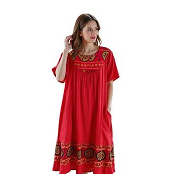 Loungees Women’s Crinkle Cotton Gauze Lounge Dress - Boho Muu Muu with Printed Border.