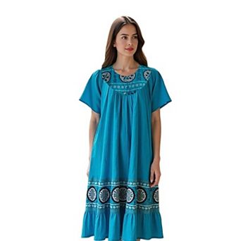 Loungees Women’s Crinkle Cotton Gauze Lounge Dress - Boho Muu Muu with Printed Border.