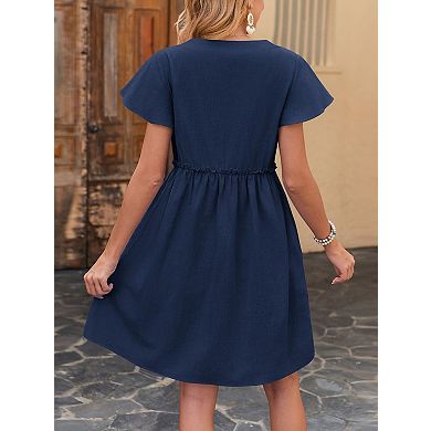 Women's V Neck Short Sleeve Dress Flowy Ruffle Hem Button Front Casual Dress