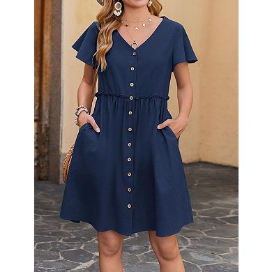 Women's V Neck Short Sleeve Dress Flowy Ruffle Hem Button Front Casual Dress