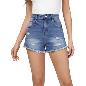 Women High Rise Ripped Stretchy Jeans Shorts Casual Denim Shorts