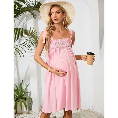 Women's Maternity Square Neck Tie-Strap Babydoll Dress with Embroidered Smocked Bodice