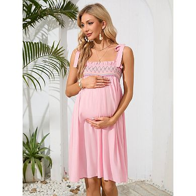 Women's Maternity Square Neck Tie-Strap Babydoll Dress with Embroidered Smocked Bodice