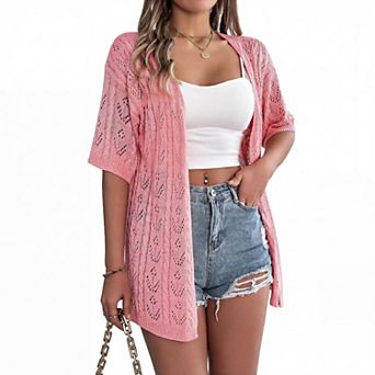 Women's Open Knit Cardigan Short Sleeve Crochet Hollow Out Sweater Summer Beach Cover Up