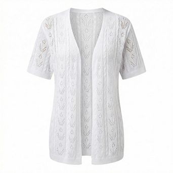 Women's Open Knit Cardigan Short Sleeve Crochet Hollow Out Sweater Summer Beach Cover Up