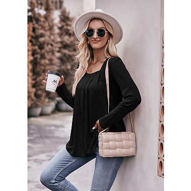 Women’s Square Neck Long Sleeve Pleated Tops Solid Color Shirt Casual Loose Fit Blouse Tee