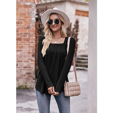 Women’s Square Neck Long Sleeve Pleated Tops Solid Color Shirt Casual Loose Fit Blouse Tee