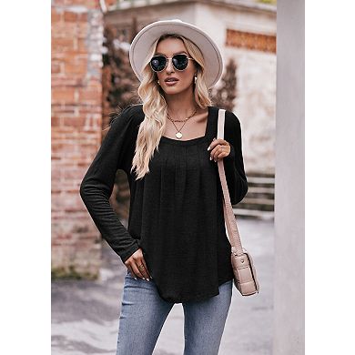 Women’s Square Neck Long Sleeve Pleated Tops Solid Color Shirt Casual Loose Fit Blouse Tee