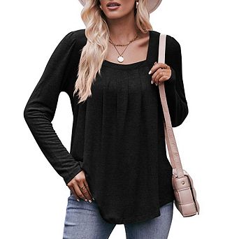 Women’s Square Neck Long Sleeve Pleated Tops Solid Color Shirt Casual Loose Fit Blouse Tee
