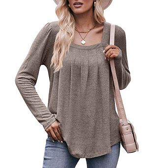 Women’s Square Neck Long Sleeve Pleated Tops Solid Color Shirt Casual Loose Fit Blouse Tee