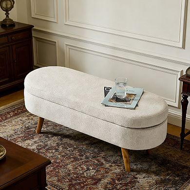 BAOURE Minimalist Oval Fabric Upholstered Ottoman Bench with Hidden Storage Compartment