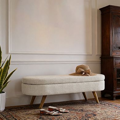 BAOURE Minimalist Oval Fabric Upholstered Ottoman Bench with Hidden Storage Compartment