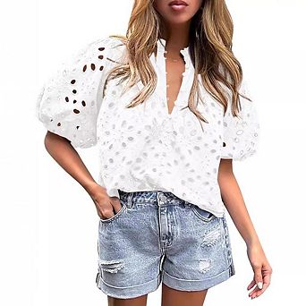 Women’s Embroidered Eyelet Blouse Puff Short Sleeve V Neck Loose Fit Hollow Out Lace Tops Shirt