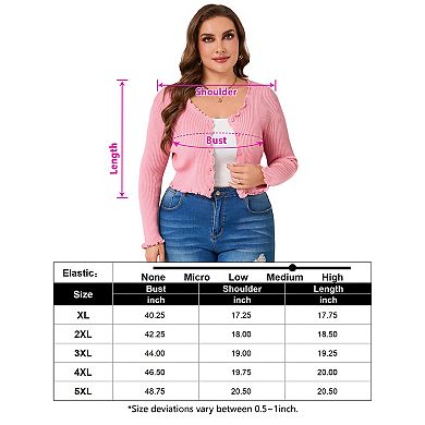 Women's Plus Size Cropped Long Sleeve Scalloped Trim Knit Cardigan