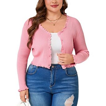 Women's Plus Size Cropped Long Sleeve Scalloped Trim Knit Cardigan
