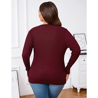 Plus Size Ribbed Cardigan Women's Warm Knit Sweater with Button Closure
