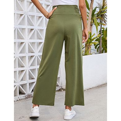 Womens High Elastic Waist Maternity Pants Wide Leg Baggy Button Front Loose Solid Long Trousers