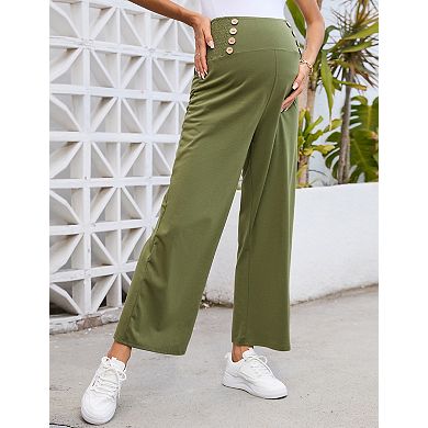 Womens High Elastic Waist Maternity Pants Wide Leg Baggy Button Front Loose Solid Long Trousers
