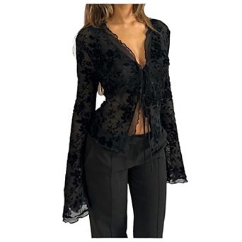 Women’s Sheer Mesh Blouse Front Tie Bell Sleeve Floral Ruffle Hem See Through Party Top