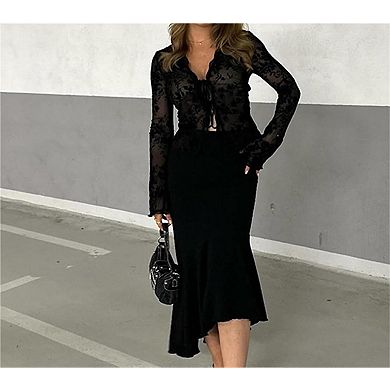 Women’s Sheer Mesh Blouse Front Tie Bell Sleeve Floral Ruffle Hem See Through Party Top