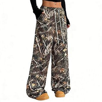 Women's Print Wide Leg Pants Elastic High Waist Drawstring Casual Trousers