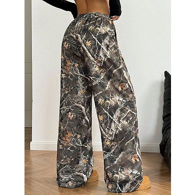 Women's Print Wide Leg Pants Elastic High Waist Drawstring Casual Trousers