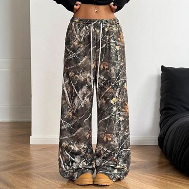 Women's Print Wide Leg Pants Elastic High Waist Drawstring Casual Trousers