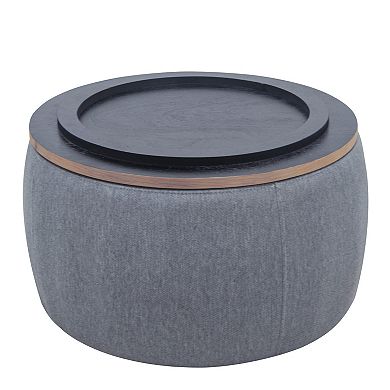 BAOURE Round Linen Upholstered Storage Ottoman With Reversible Wood Top Coffee Table