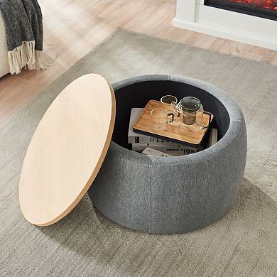 BAOURE Round Linen Upholstered Storage Ottoman With Reversible Wood Top Coffee Table