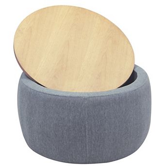 BAOURE Round Linen Upholstered Storage Ottoman With Reversible Wood Top Coffee Table