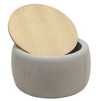 BAOURE Round Linen Upholstered Storage Ottoman With Reversible Wood Top Coffee Table