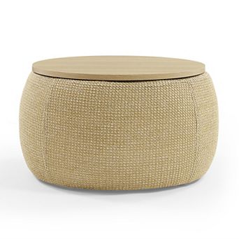 BAOURE Round Linen Upholstered Storage Ottoman With Reversible Wood Top Coffee Table
