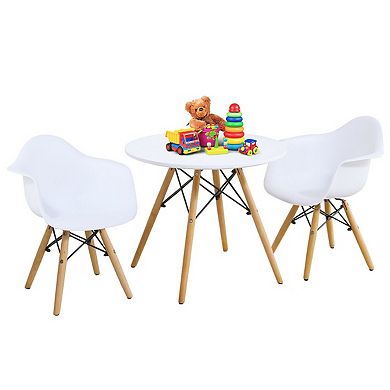 Gymax 3 Piece Kids Round Table Chair Set with 2 Arm Chairs White