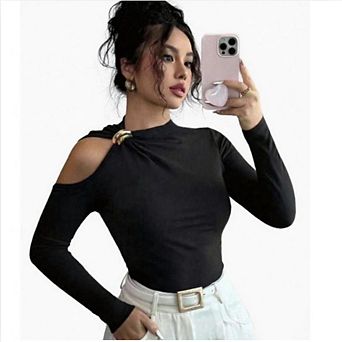 Women’s Asymmetric One Shoulder Long Sleeve Top Metal Slim Fit Stretchy Cutout Crop Blouse