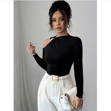 Women’s Asymmetric One Shoulder Long Sleeve Top Metal Slim Fit Stretchy Cutout Crop Blouse