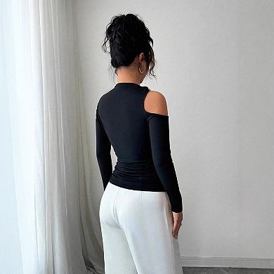 Women’s Asymmetric One Shoulder Long Sleeve Top Metal Slim Fit Stretchy Cutout Crop Blouse