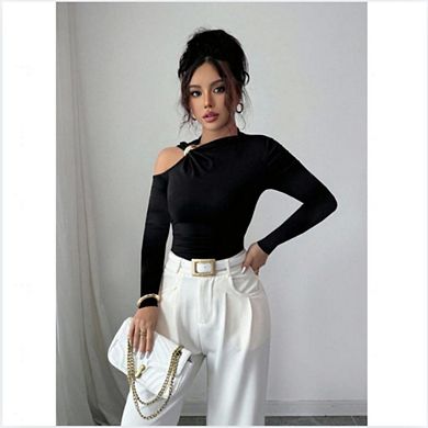 Women’s Asymmetric One Shoulder Long Sleeve Top Metal Slim Fit Stretchy Cutout Crop Blouse