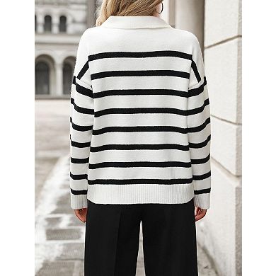 Women’s Polo Sweater Striped Collared Lightweight Long Sleeve V Neck Pullover Sweater Tops
