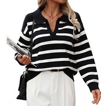 Women’s Polo Sweater Striped Collared Lightweight Long Sleeve V Neck Pullover Sweater Tops