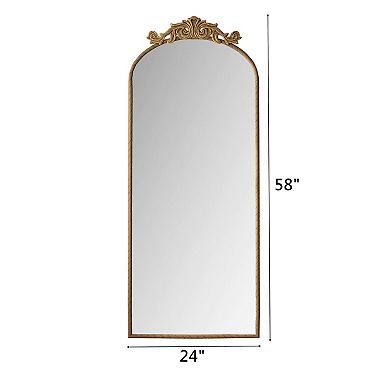58"x24" Arched Full Body Mirror with Vintage Ornate Carved Applique on Top