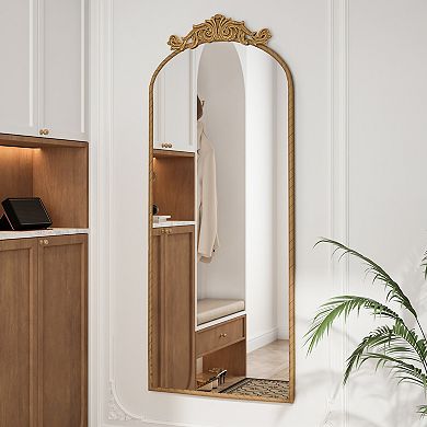 58"x24" Arched Full Body Mirror with Vintage Ornate Carved Applique on Top
