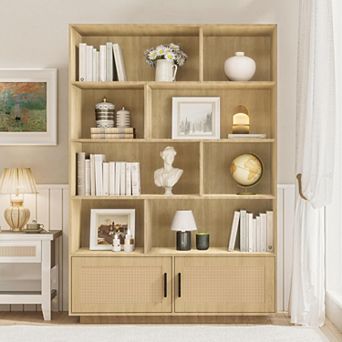 Mid Century Modern 5 tier Bookshelf: Rattan Boho Tall Bookcase with Storage Doors